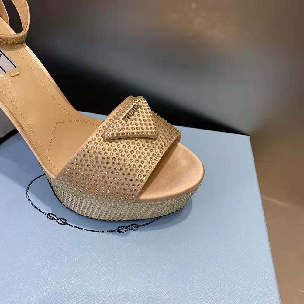 Prada Women Satin Platform Sandals with Crystals-Gold - image 6