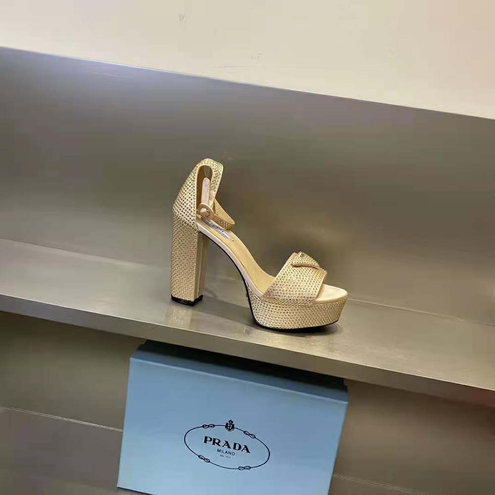 Prada Women Satin Platform Sandals with Crystals-Gold - image 5