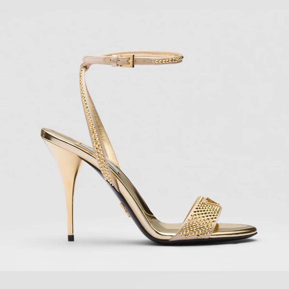 Side view of Prada Women Satin Sandals with Crystals-Gold high heel