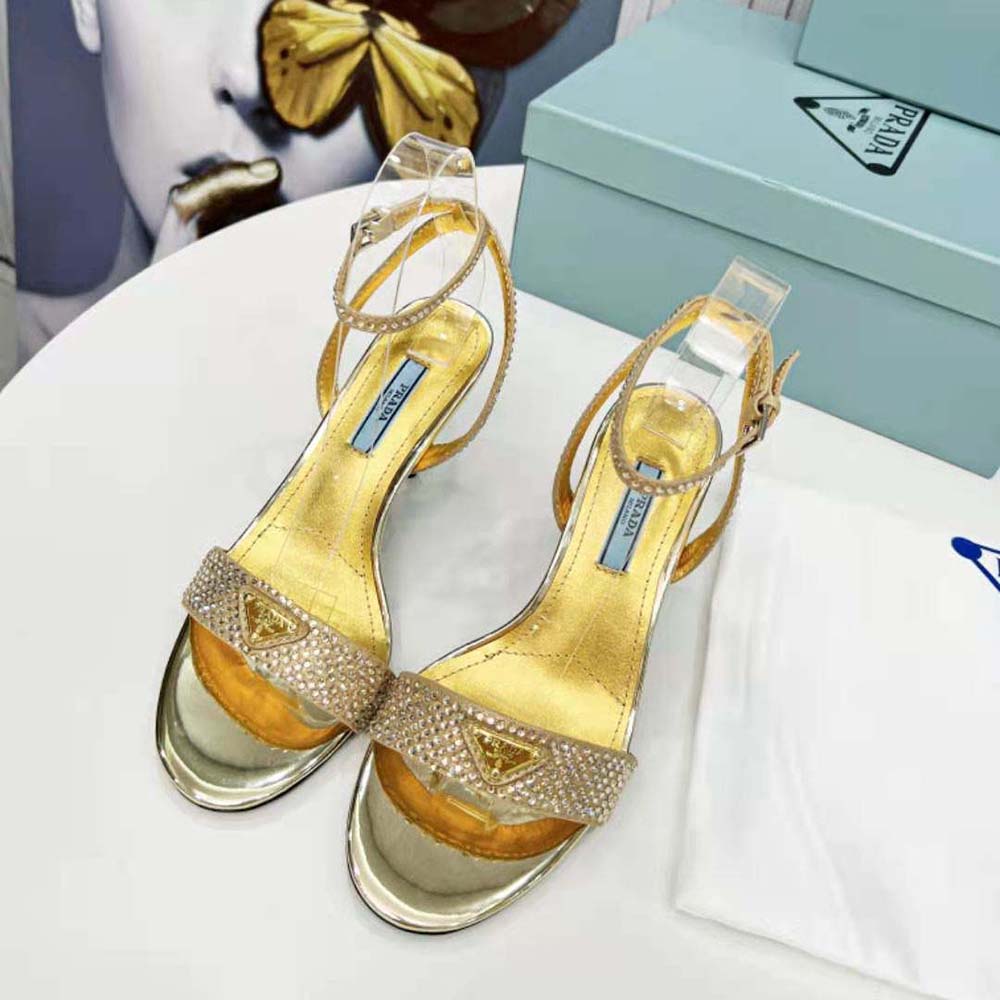 Close-up detail of crystal embellishments on Prada Women Satin Sandals with Crystals-Gold