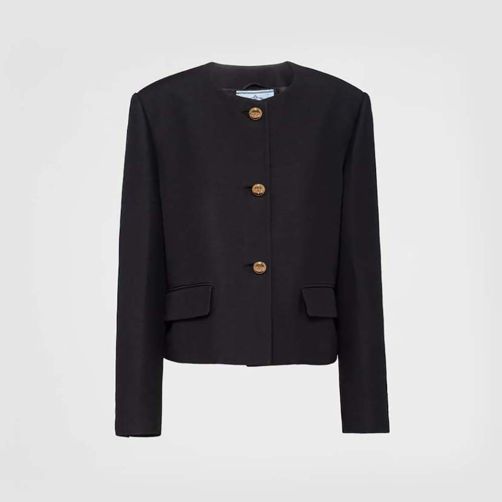 Front view of Prada Women Single-Breasted Tricotine Jacket in black