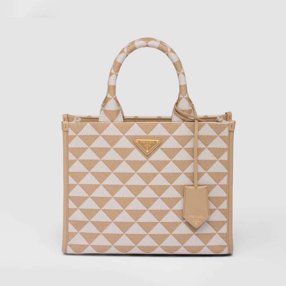 Front view of Small Prada Symbole Embroidered Fabric Handbag-Beige