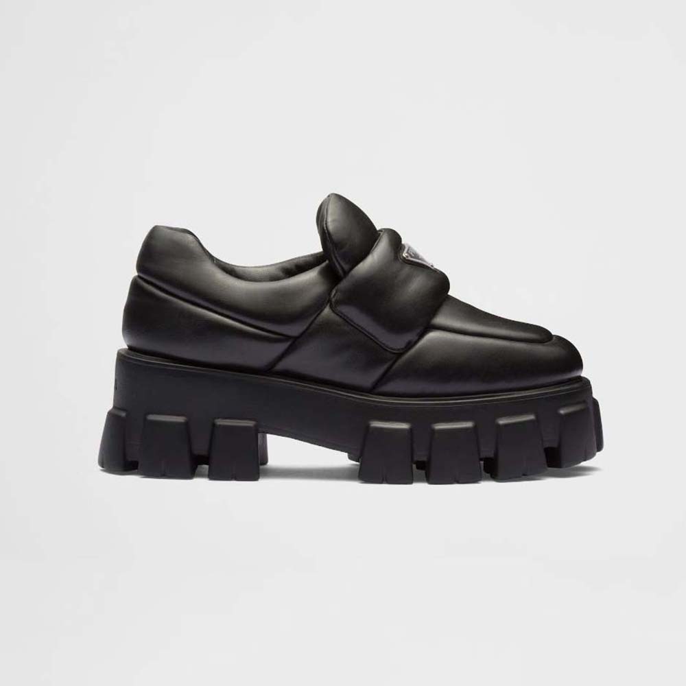Side view of Prada Women Soft Padded Nappa Leather Loafers-Black showcasing silhouette