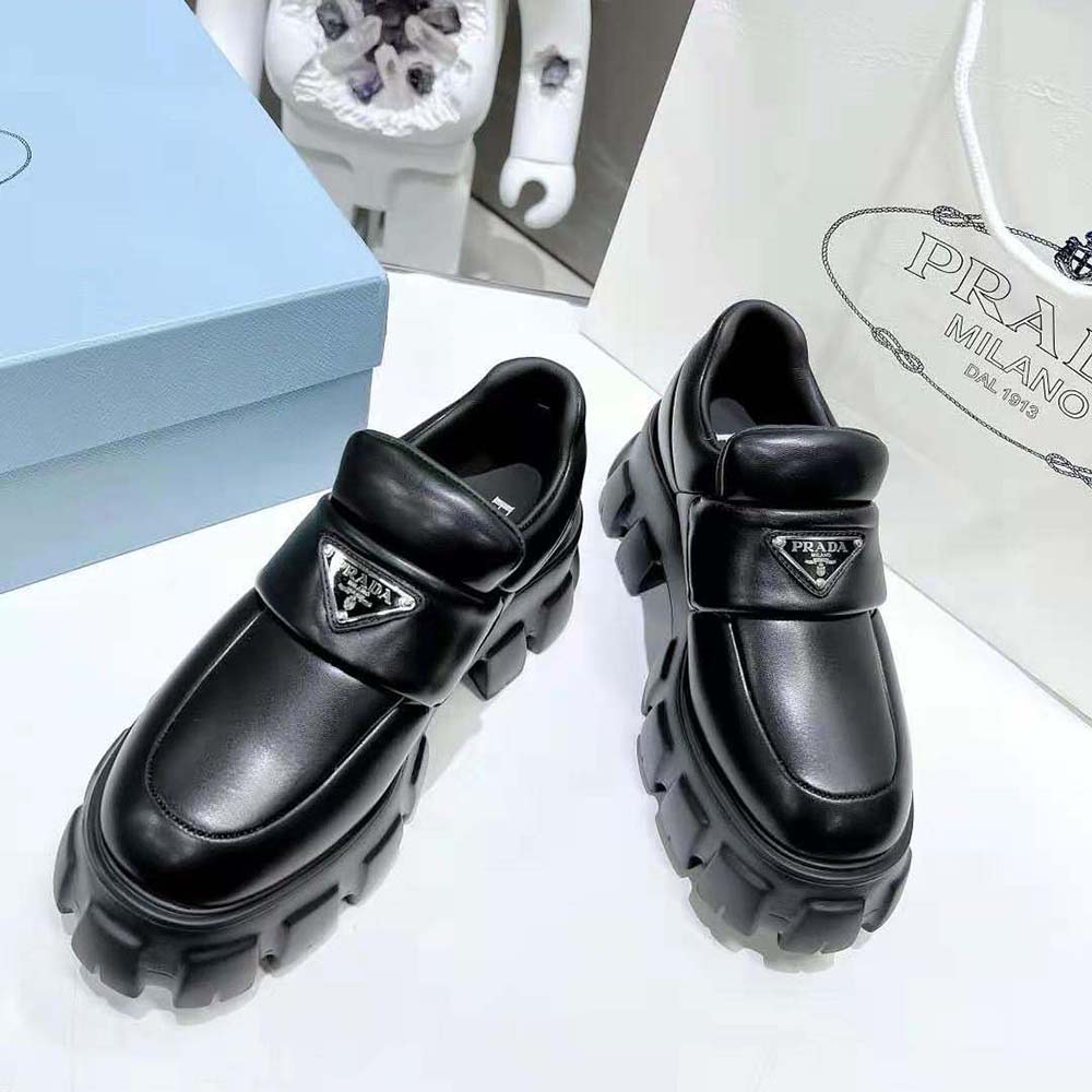 Top view highlighting slip-on design of Prada Women Soft Padded Nappa Leather Loafers-Black