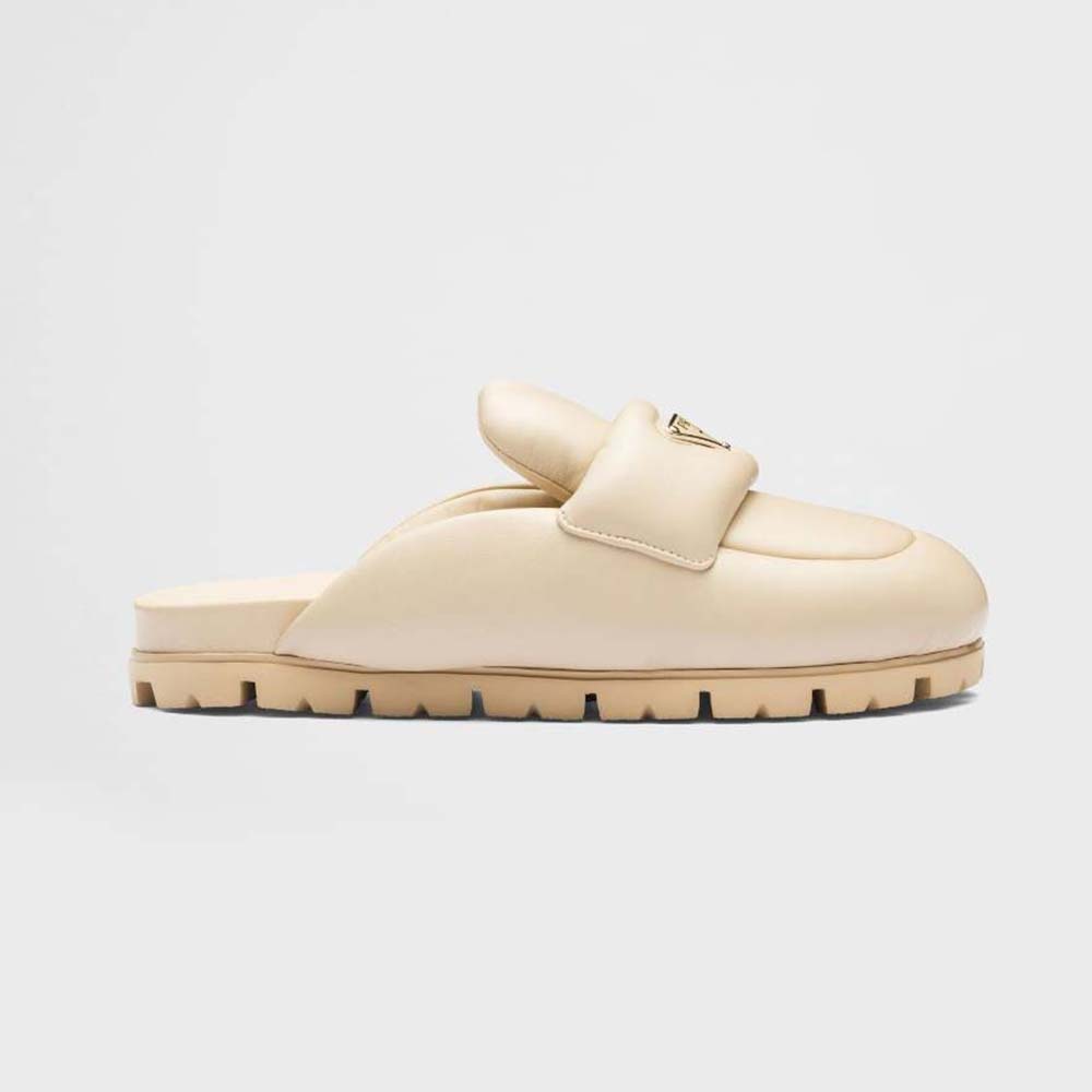 Side view of Prada Women Soft Padded Nappa Leather Sabots-Beige