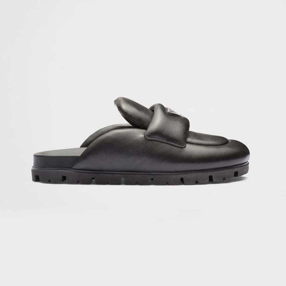 Side view of Prada Women Soft Padded Nappa Leather Sabots-Black showing quilted detail
