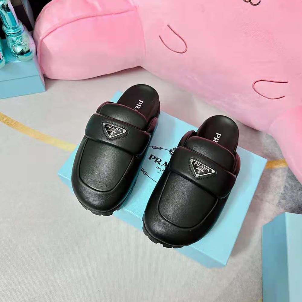 Top view highlighting open back and black leather of Prada Women Soft Padded Nappa Leather Sabots-Black