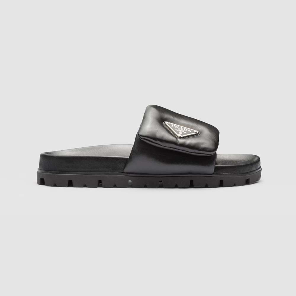 Side view of Prada Women Soft Padded Nappa Leather Slides-Black