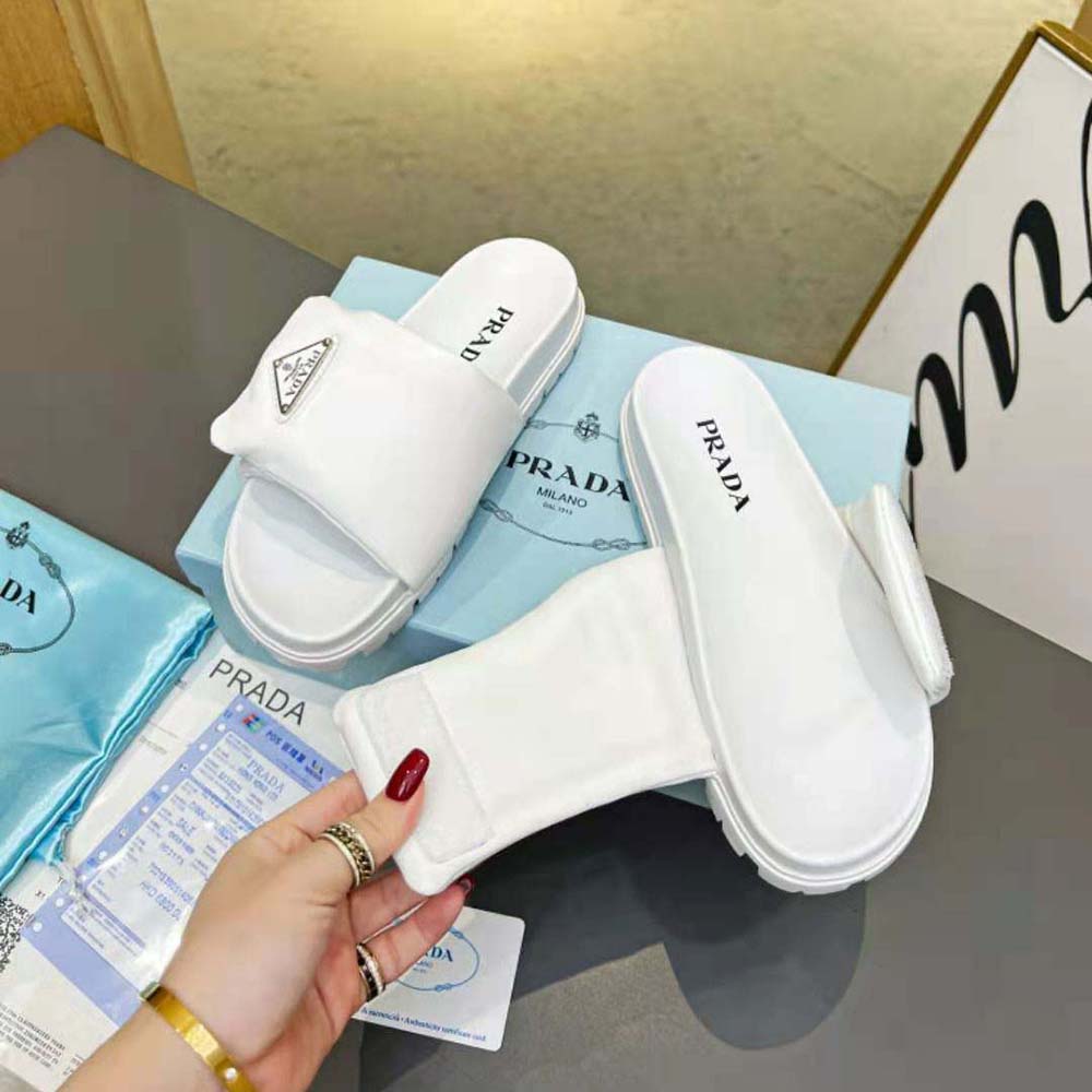 Top view showing cushioned footbed of Prada Women Soft Padded Nappa Leather Slides-White
