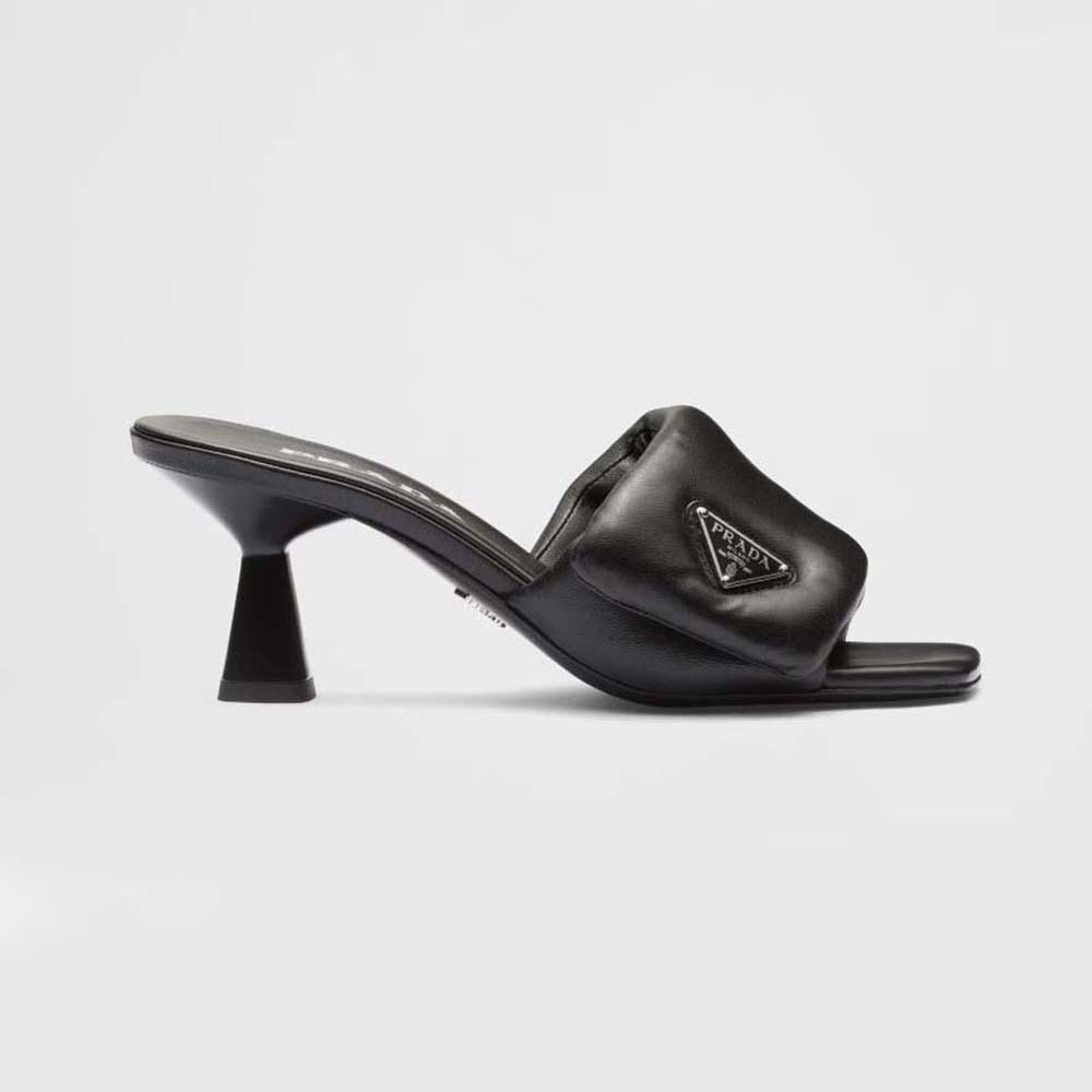 Side profile of Prada Women Soft Padded Nappa Sandals-Black showing heel height