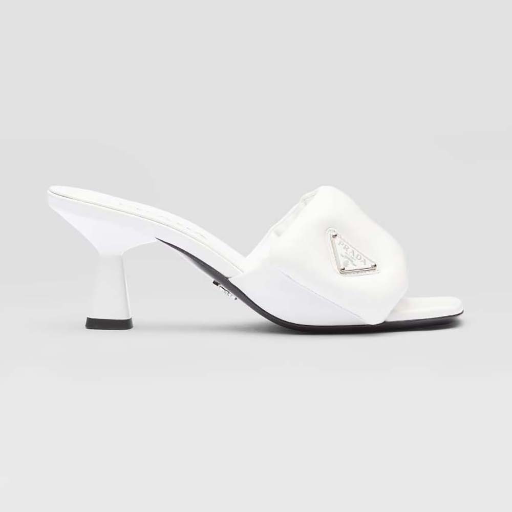 Side view of Prada Women Soft Padded Nappa Sandals-White showing heel height