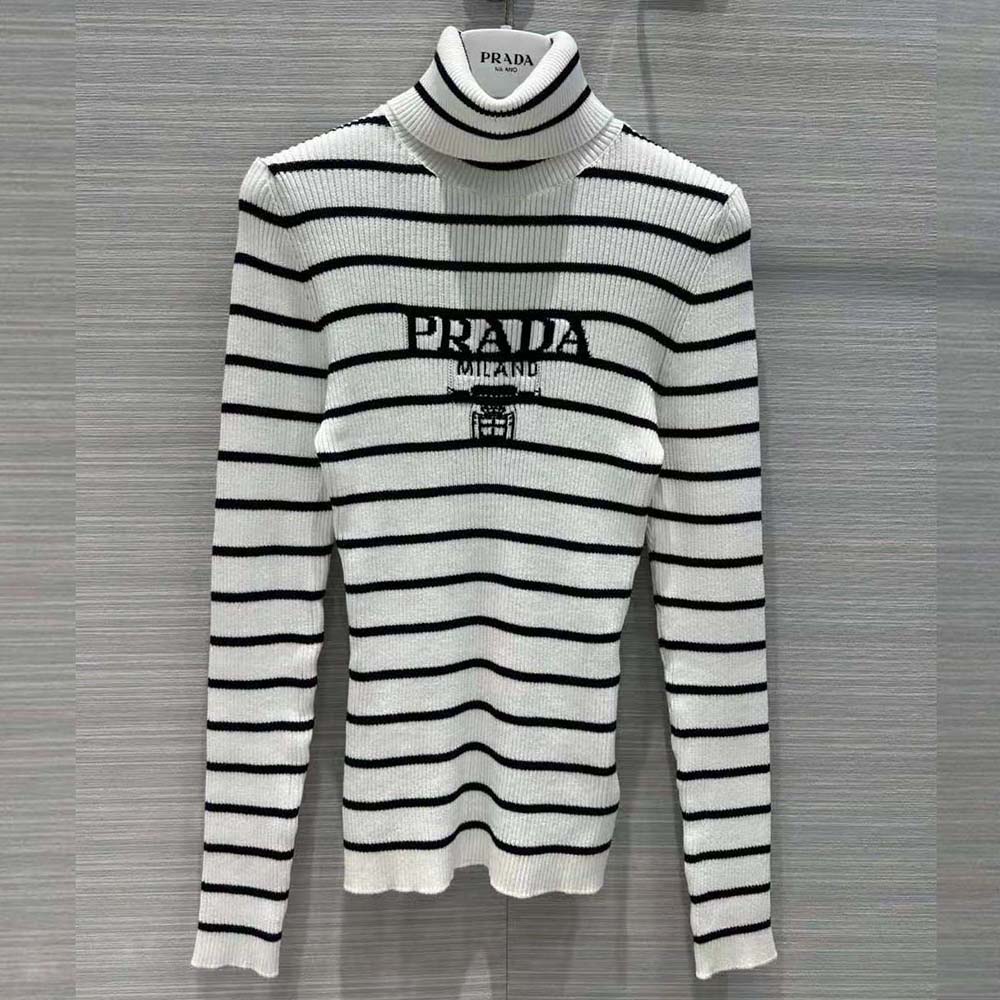 Close-up of fine knit texture on Prada Women Superfine Wool Turtleneck Sweater