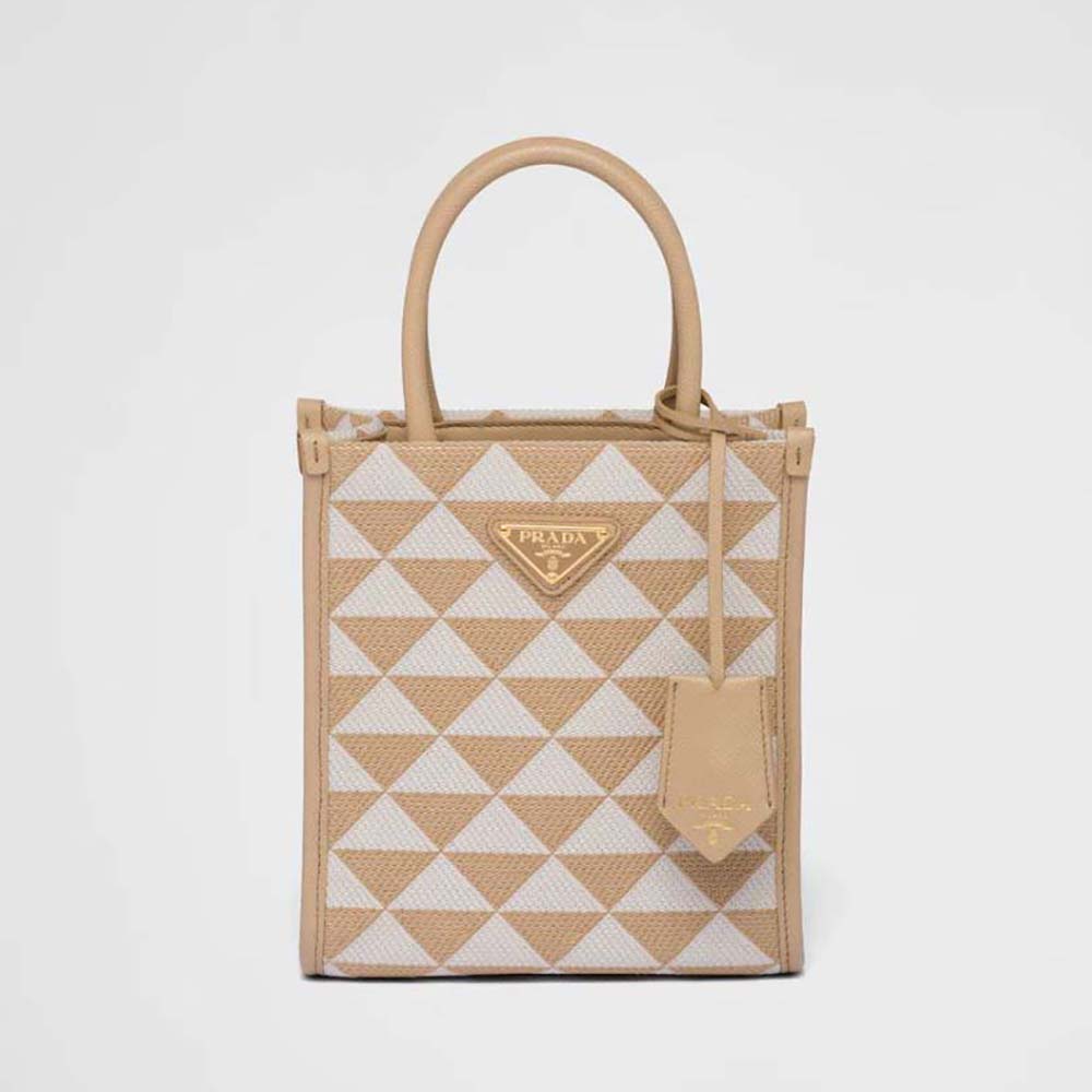 Front view of Prada Women Symbole Embroidered Fabric Mini Bag-Beige