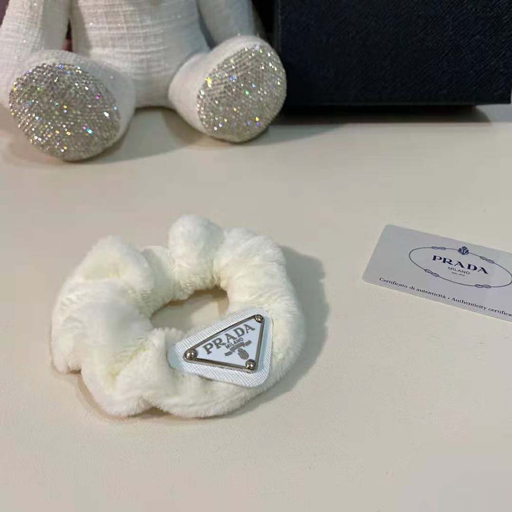 Side view of white Prada Women Terry Scrunchie with elastic closure detail
