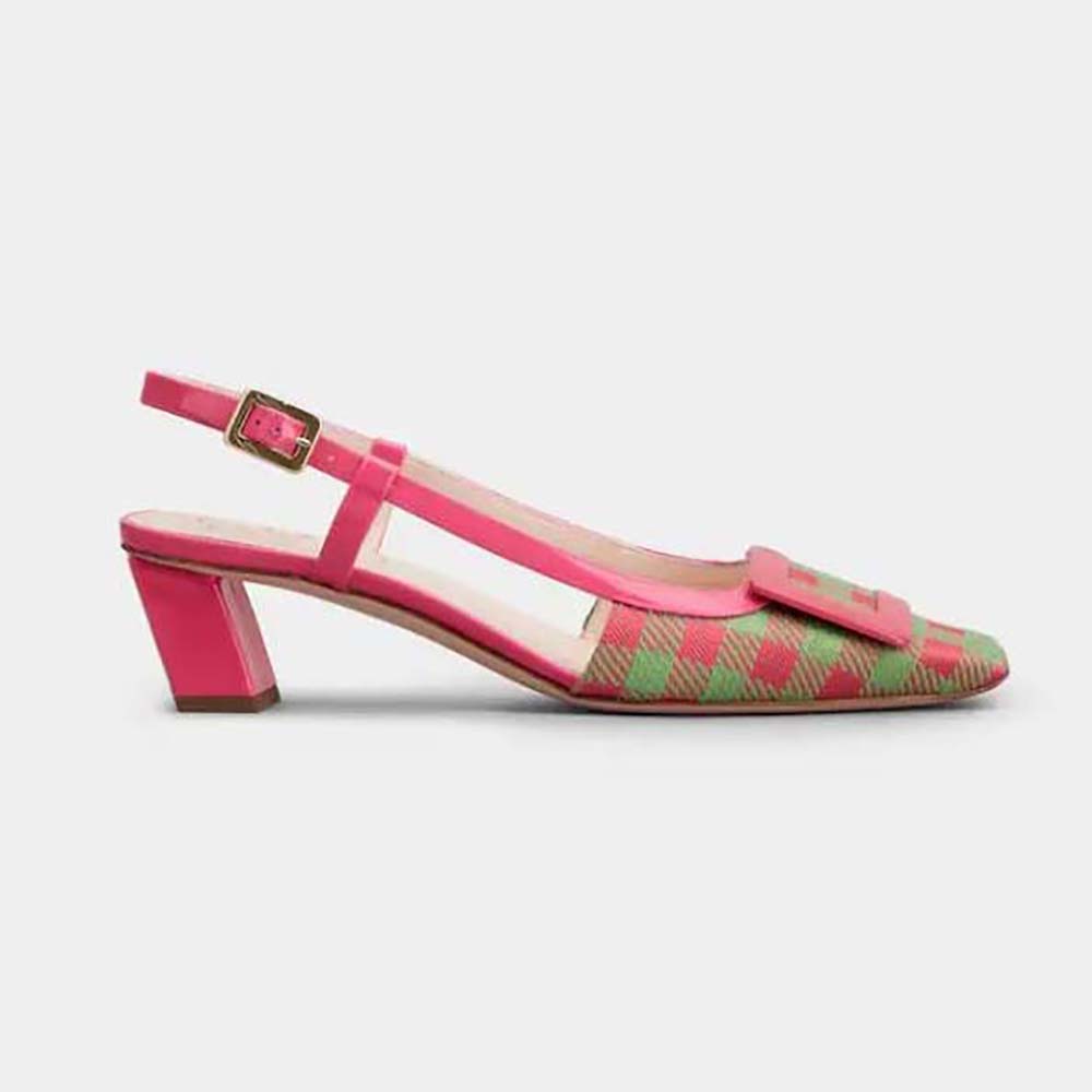Side view of Roger Vivier Women Belle Vivier Lacquered Buckle Slingback Pumps in Fabric-Pink