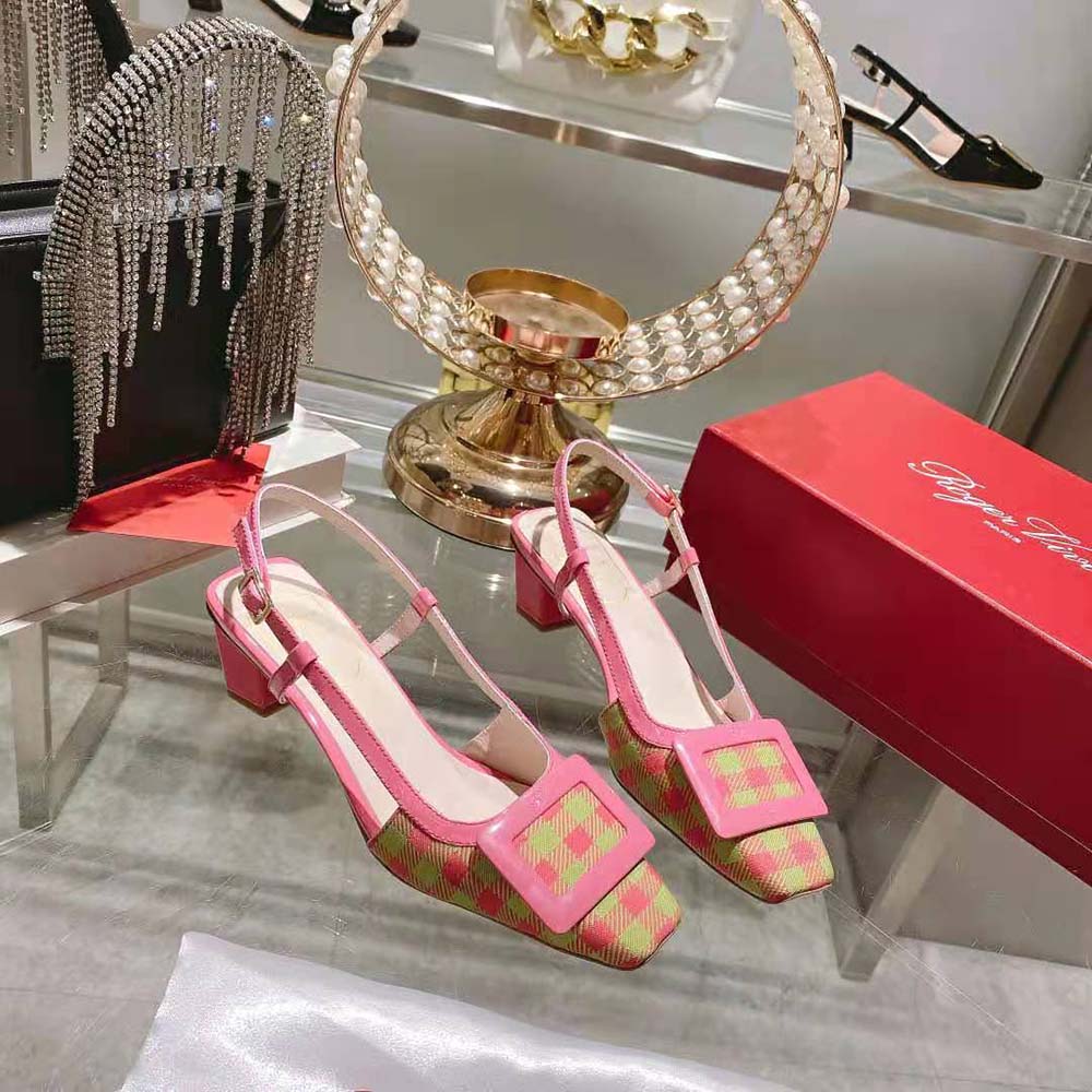 Roger Vivier Women Belle Vivier Lacquered Buckle Slingback Pumps in Fabric-Pink - image 4