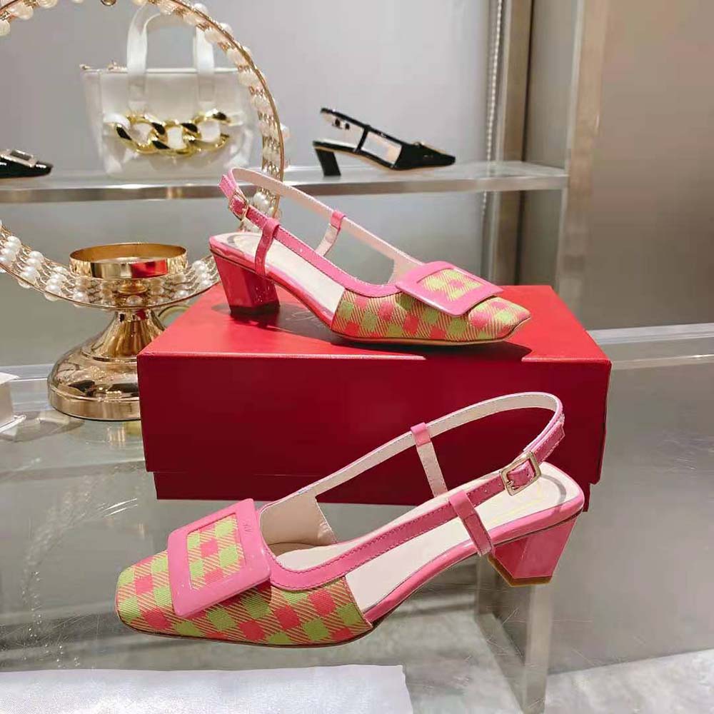 Roger Vivier Women Belle Vivier Lacquered Buckle Slingback Pumps in Fabric-Pink - image 7