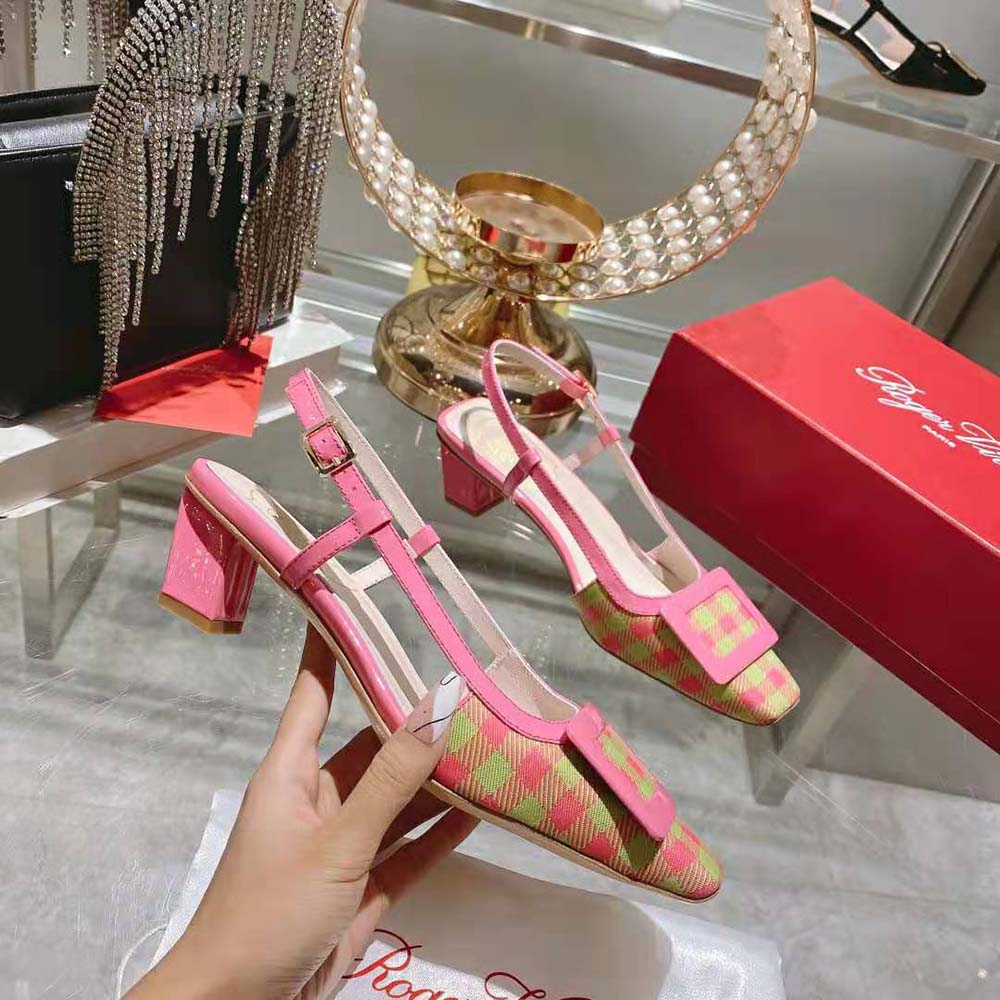 Roger Vivier Women Belle Vivier Lacquered Buckle Slingback Pumps in Fabric-Pink - image 6