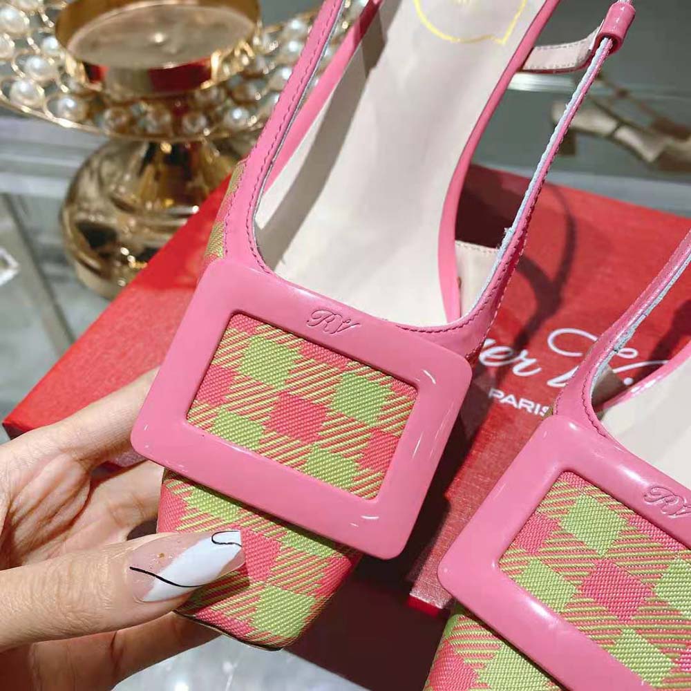 Roger Vivier Women Belle Vivier Lacquered Buckle Slingback Pumps in Fabric-Pink - image 9