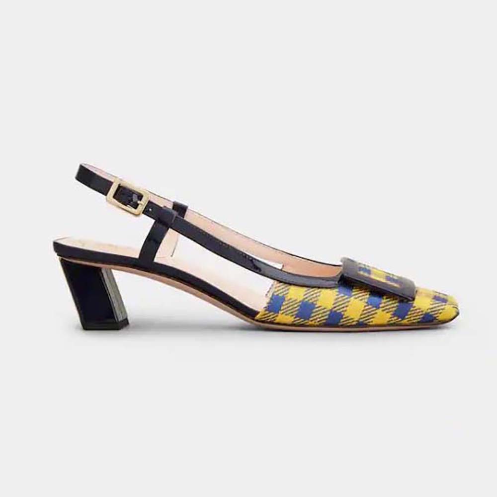 Side view of Roger Vivier Women Belle Vivier Lacquered Buckle Slingback Pumps in Fabric-Yellow