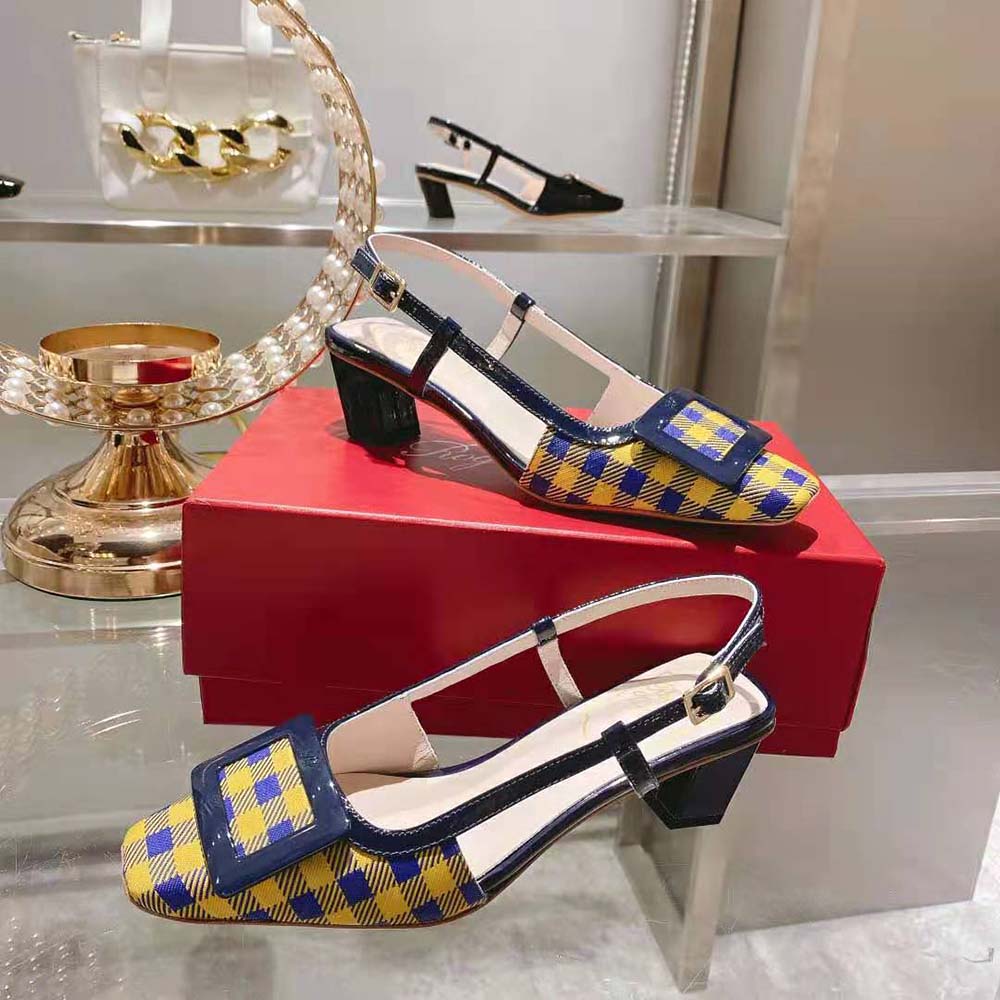 Roger Vivier Women Belle Vivier Lacquered Buckle Slingback Pumps in Fabric-Yellow - image 7