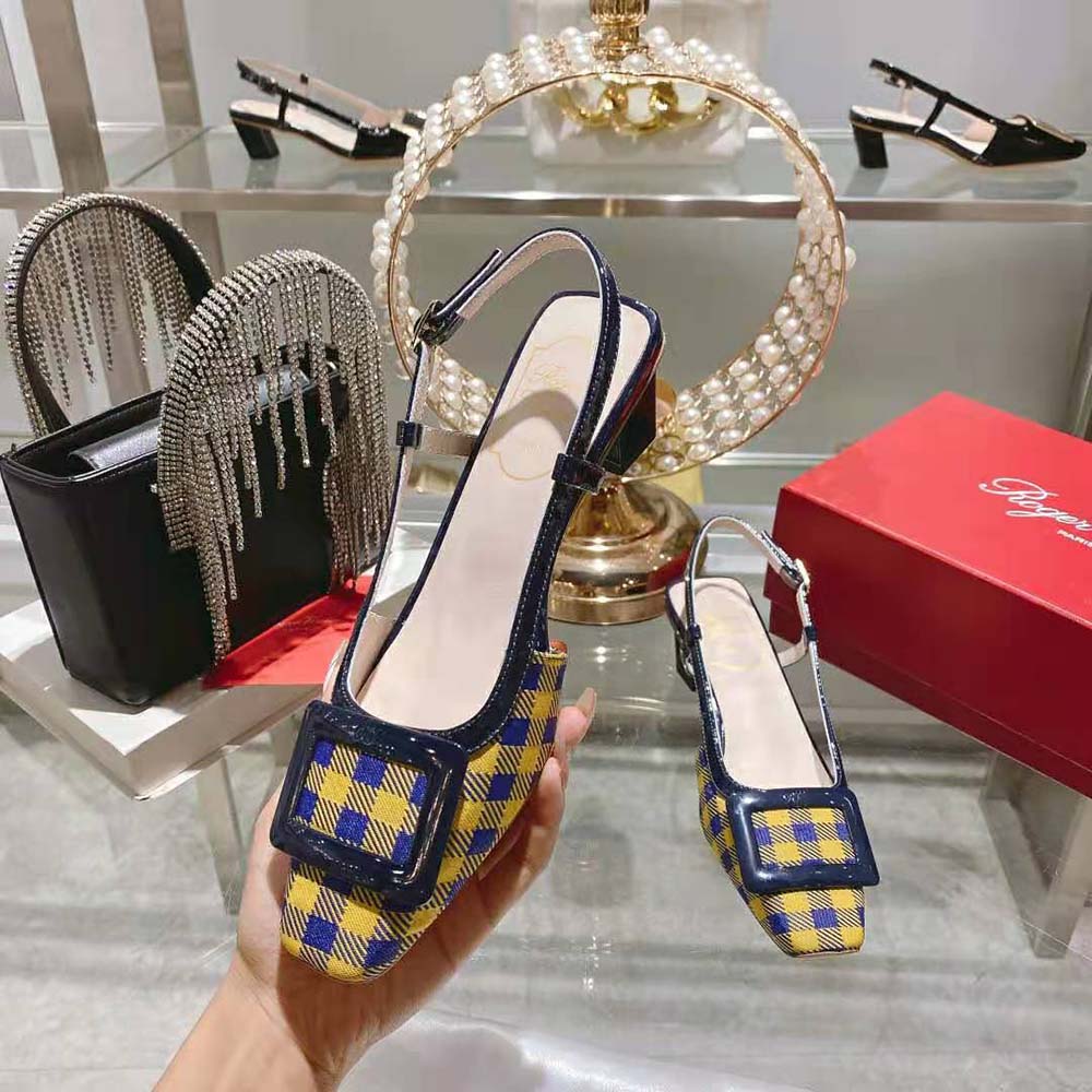 Roger Vivier Women Belle Vivier Lacquered Buckle Slingback Pumps in Fabric-Yellow - image 5