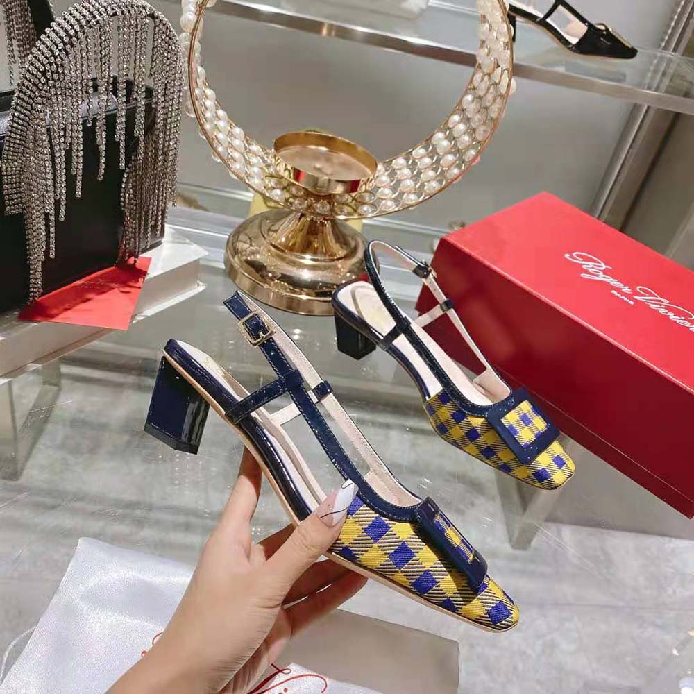 Roger Vivier Women Belle Vivier Lacquered Buckle Slingback Pumps in Fabric-Yellow - image 6