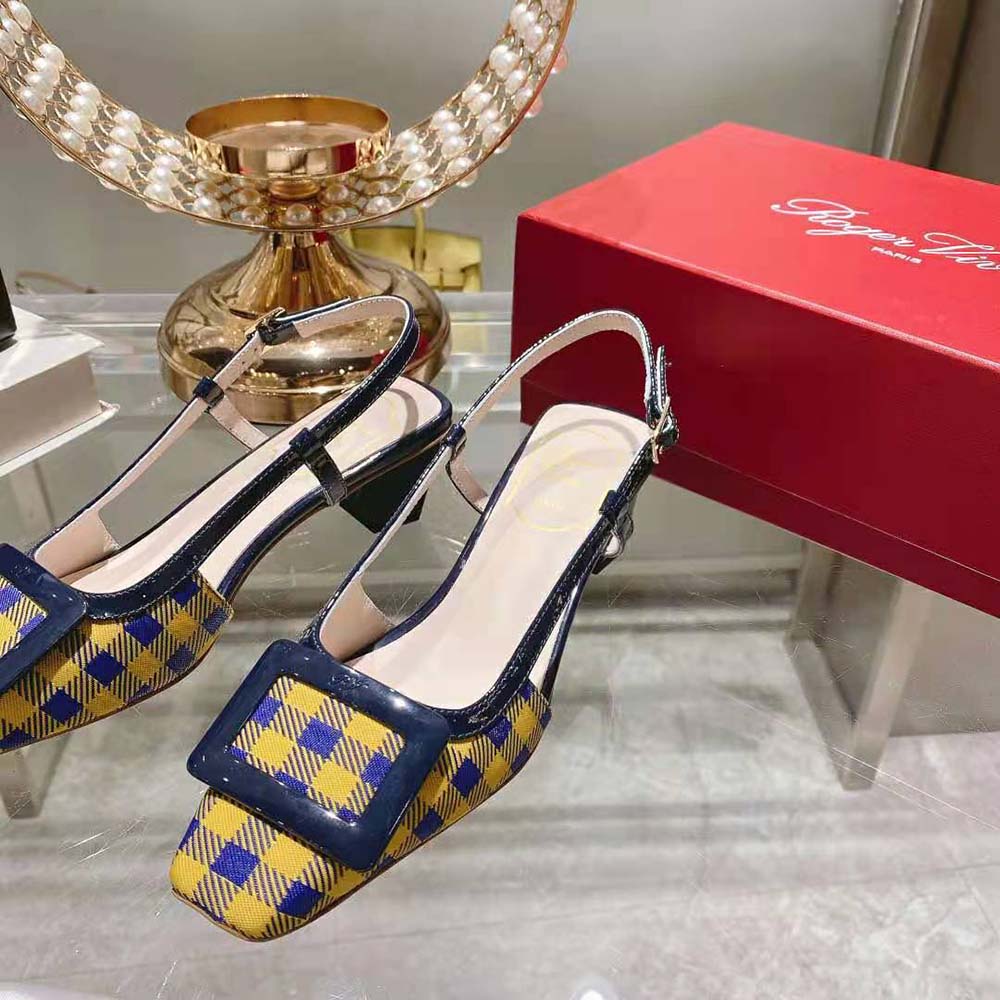 Roger Vivier Women Belle Vivier Lacquered Buckle Slingback Pumps in Fabric-Yellow - image 4