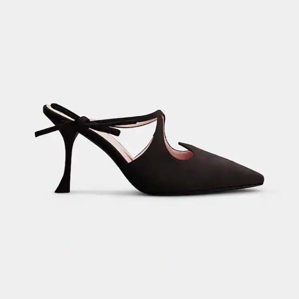 Side view of Roger Vivier Women I Love Vivier Bow String Mules in Suede-Black