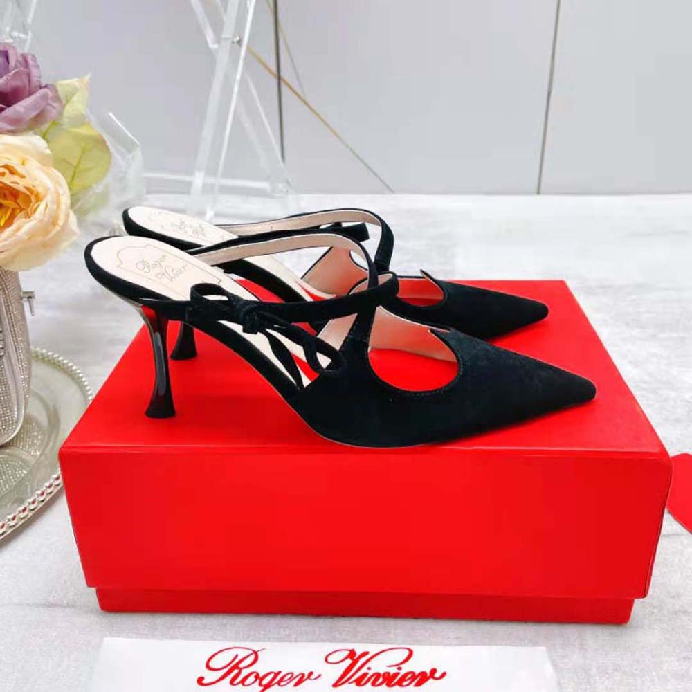 Top-down angle showing square toe on Roger Vivier Women I Love Vivier Mules