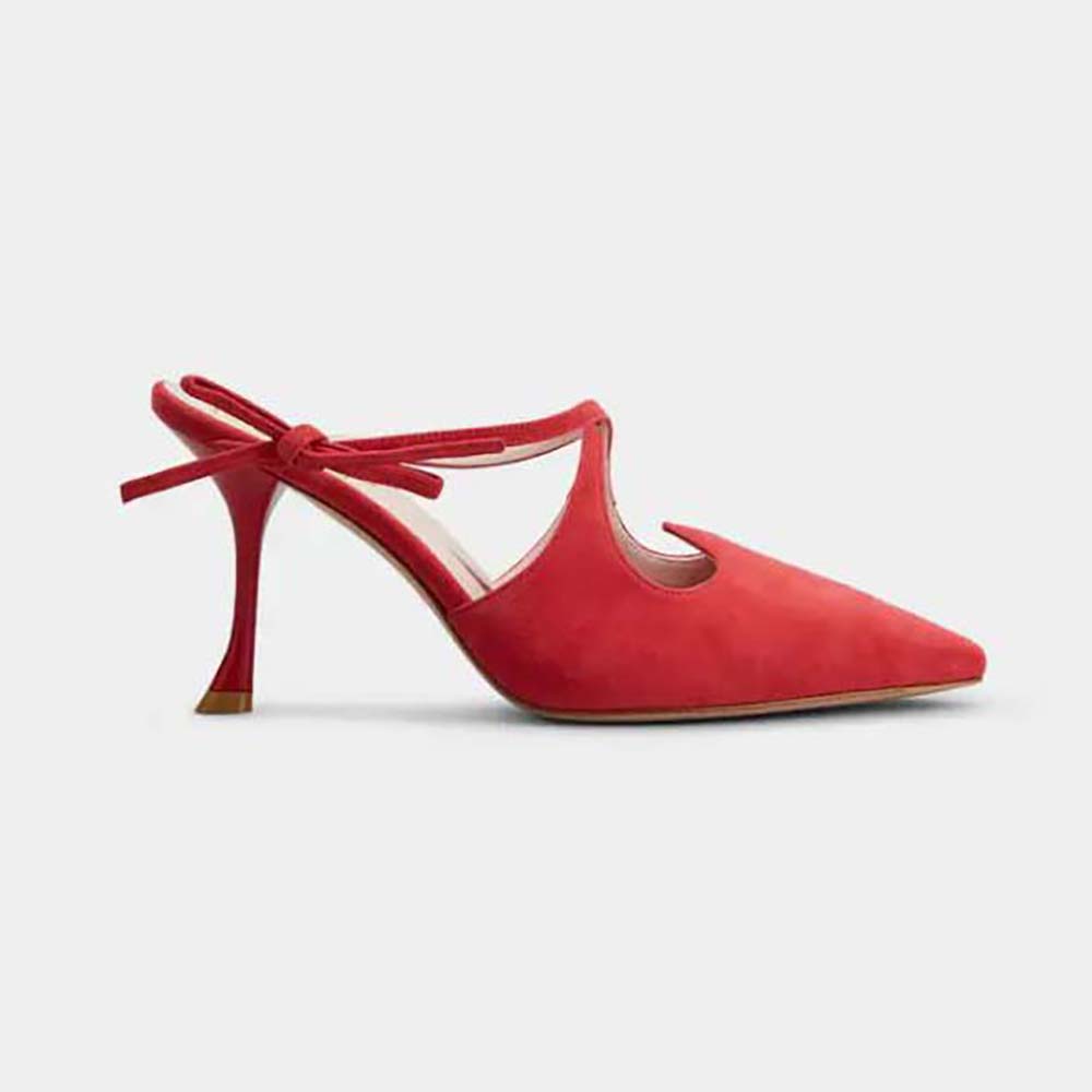 Side view of Roger Vivier Women I Love Vivier Bow String Mules in Suede-Red