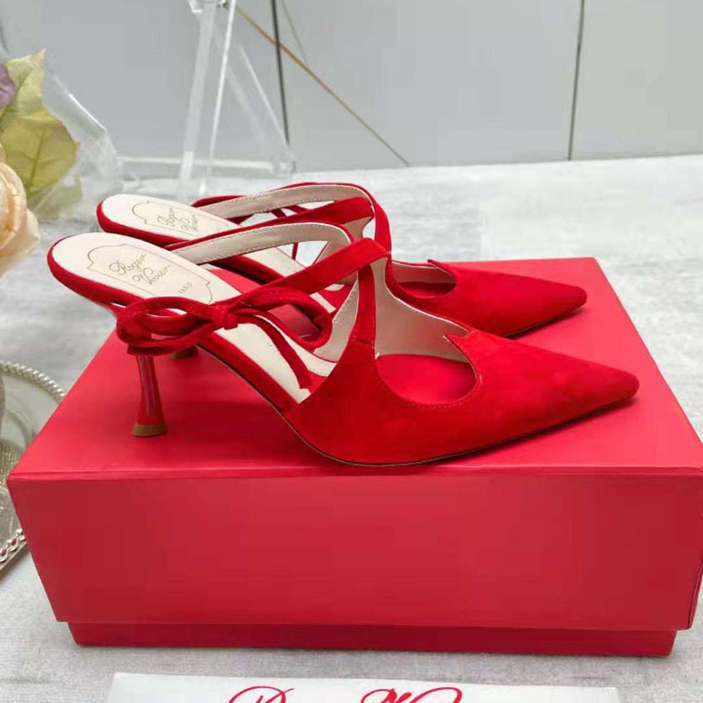 Top angle showing soft suede and open heel of Roger Vivier mules