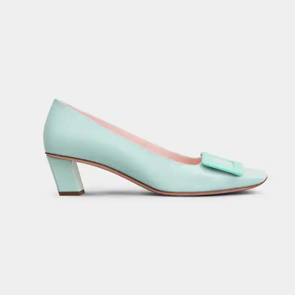 Side view of Roger Vivier Women Patent Leather Belle Vivier Pumps-Aqua showing silhouette