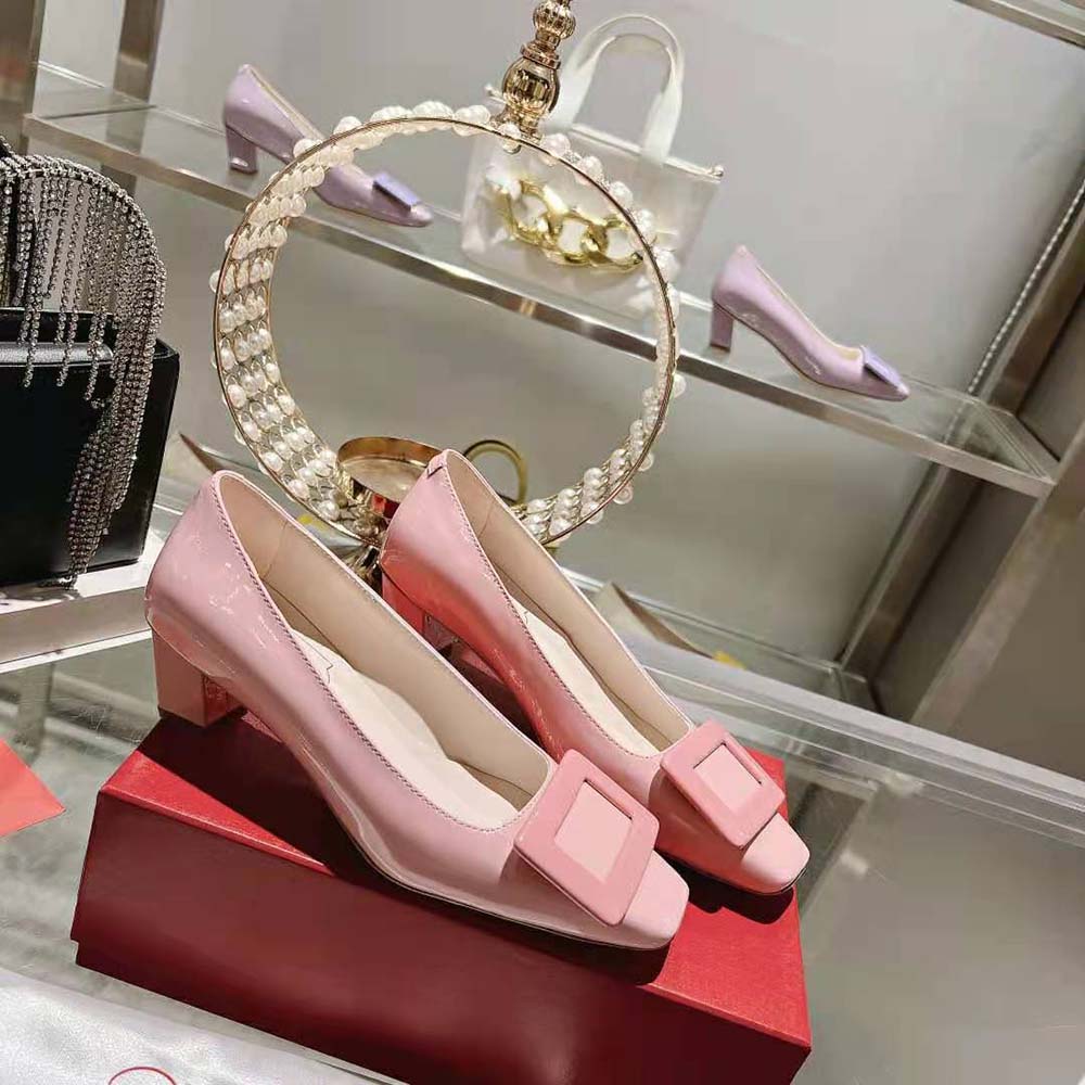 Top angle showing glossy patent leather on Belle Vivier Pumps-Pink