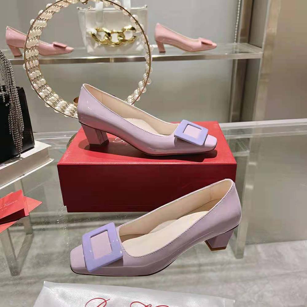 Top view showing sleek silhouette of Roger Vivier purple patent pumps