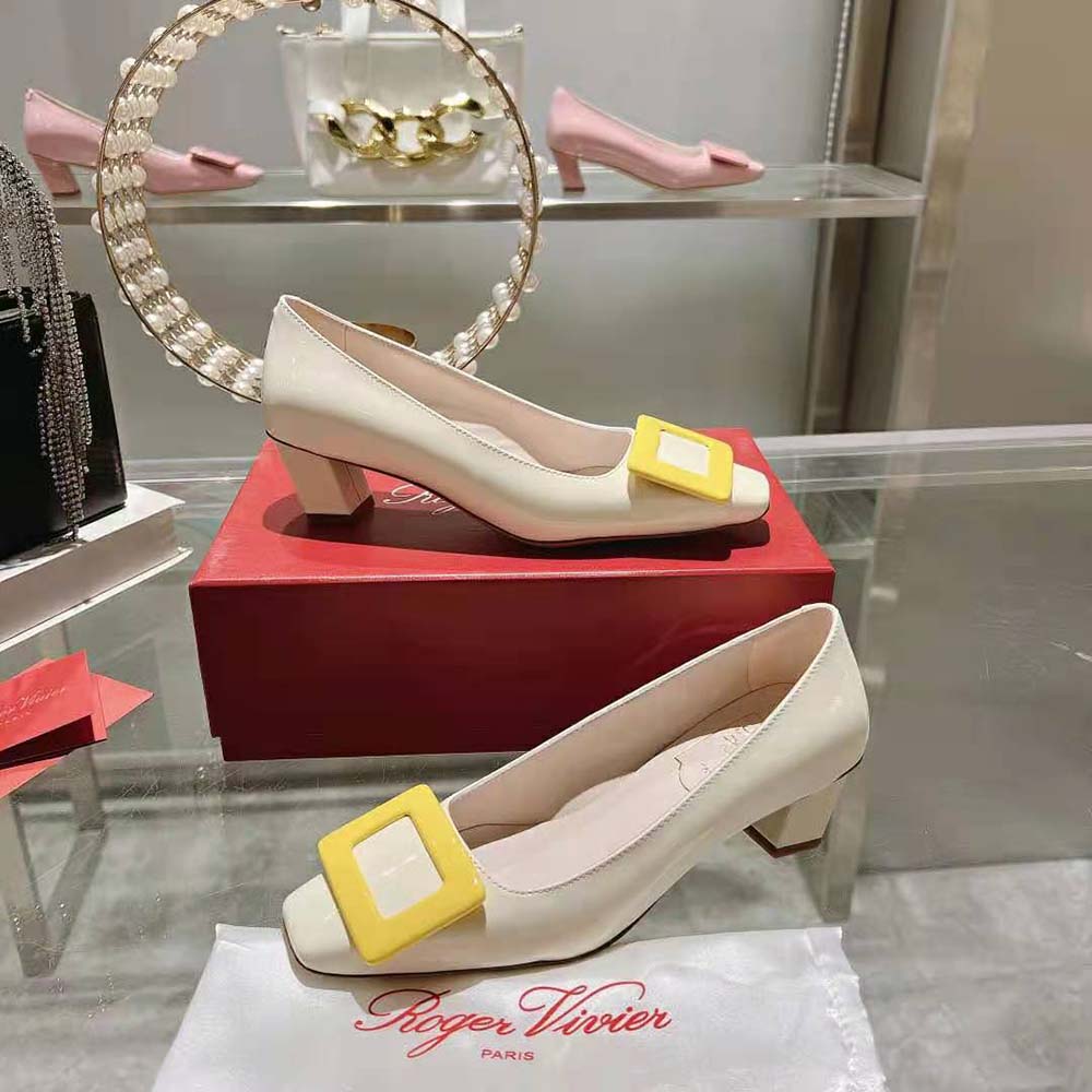 Top-down angle showing square-toe silhouette of Belle Vivier Pumps-White