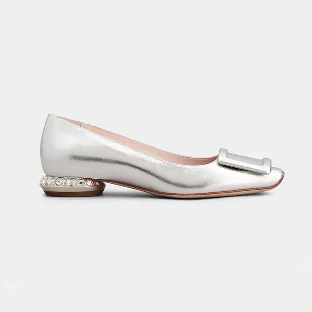 Side profile of Roger Vivier Women Strass Heel Covered Buckle Ballerinas in Silver