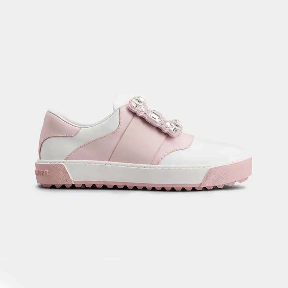 Side view of Roger Vivier Women Very Vivier Strass Buckle Sneakers in Leather-Pink