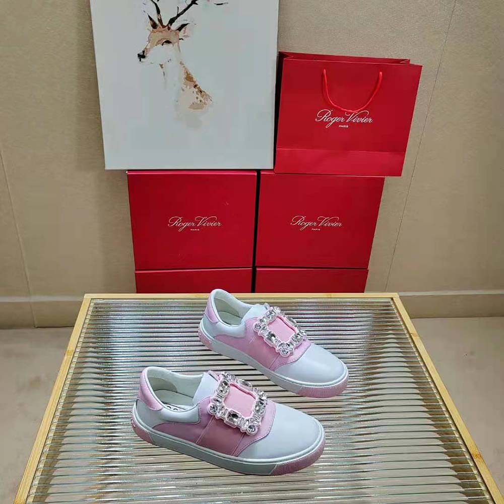 Top angle showcasing pink leather and laces of Roger Vivier Very Vivier sneakers