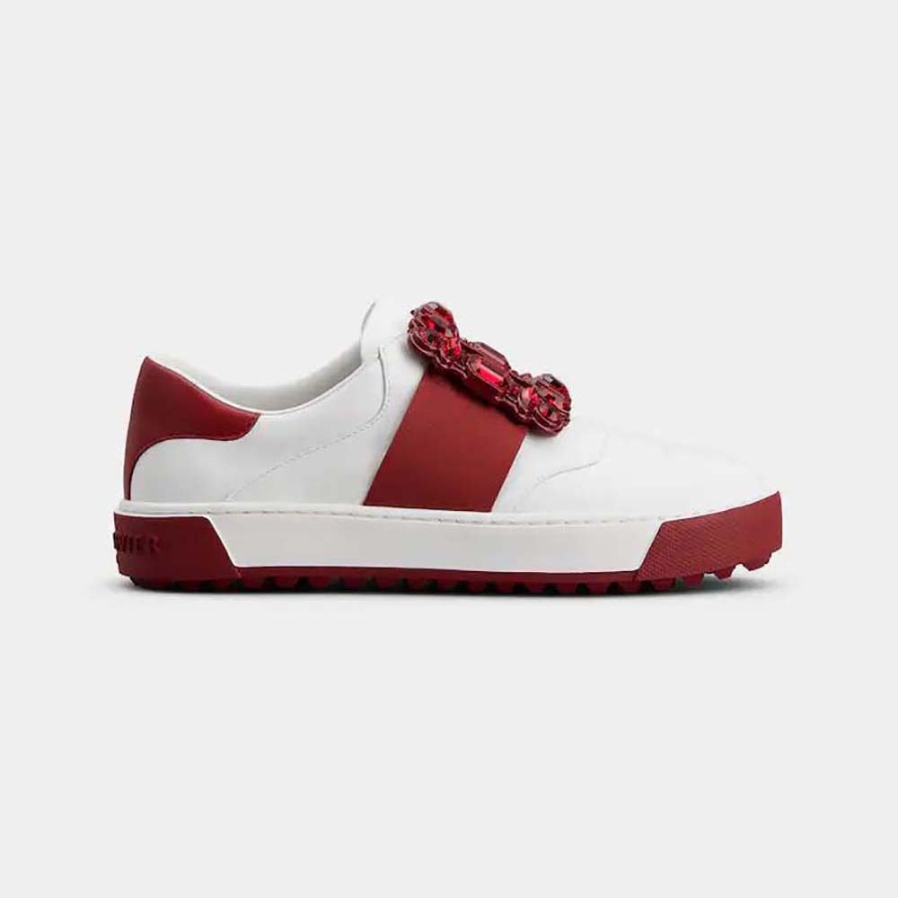 Side view of Roger Vivier Women Very Vivier Strass Buckle Sneakers in Leather-Red