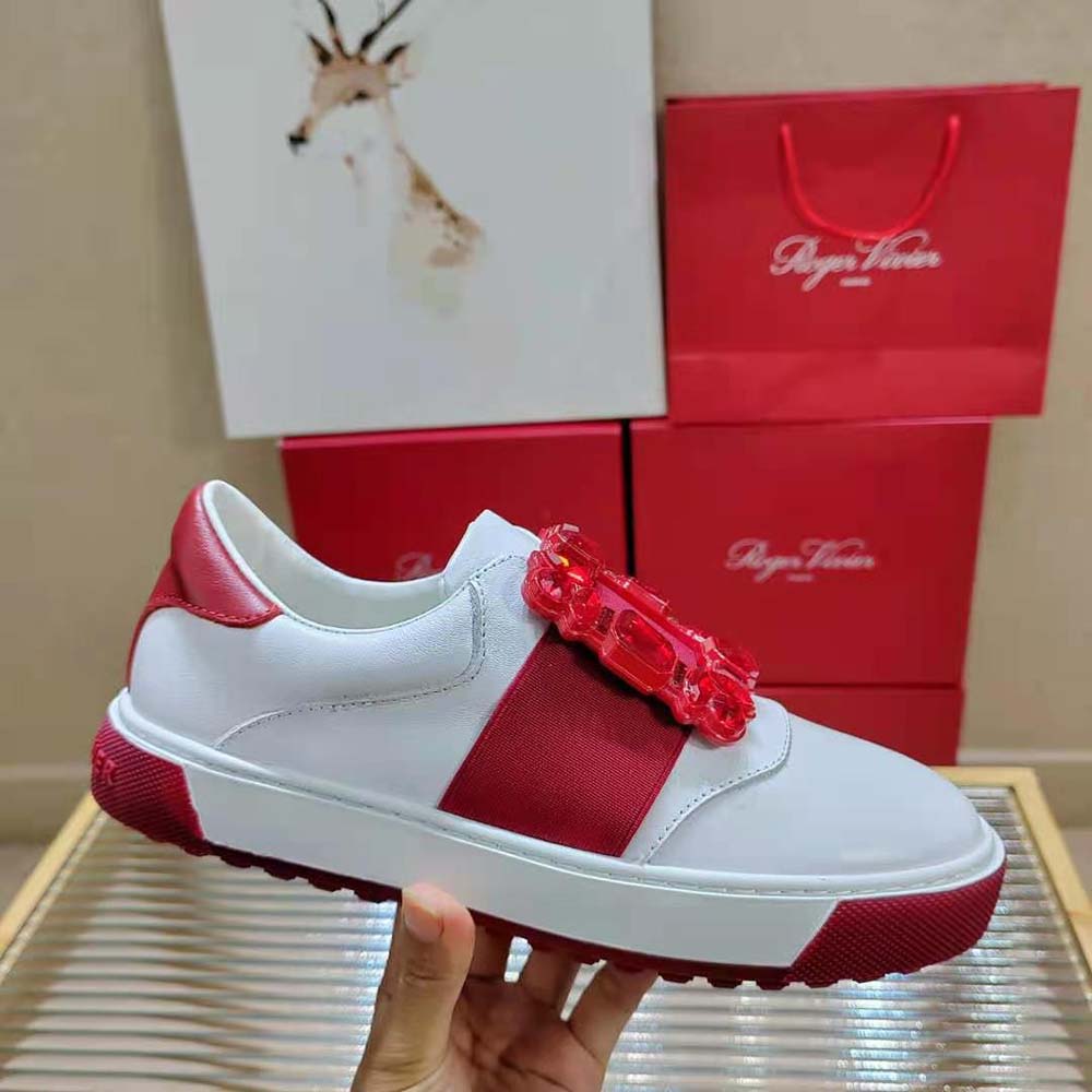 Roger Vivier Women Very Vivier Strass Buckle Sneakers in Leather-Red - image 4