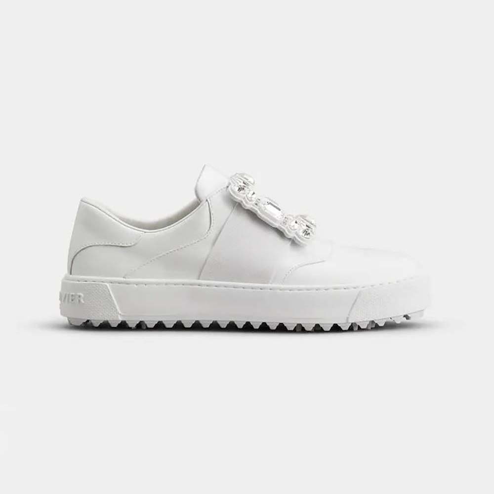 Side view of Roger Vivier Women Very Vivier Strass Buckle Sneakers in Leather-White