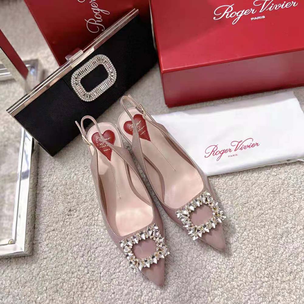 Close-up of sparkling strass crystal buckle on Roger Vivier Virgule Slingbacks