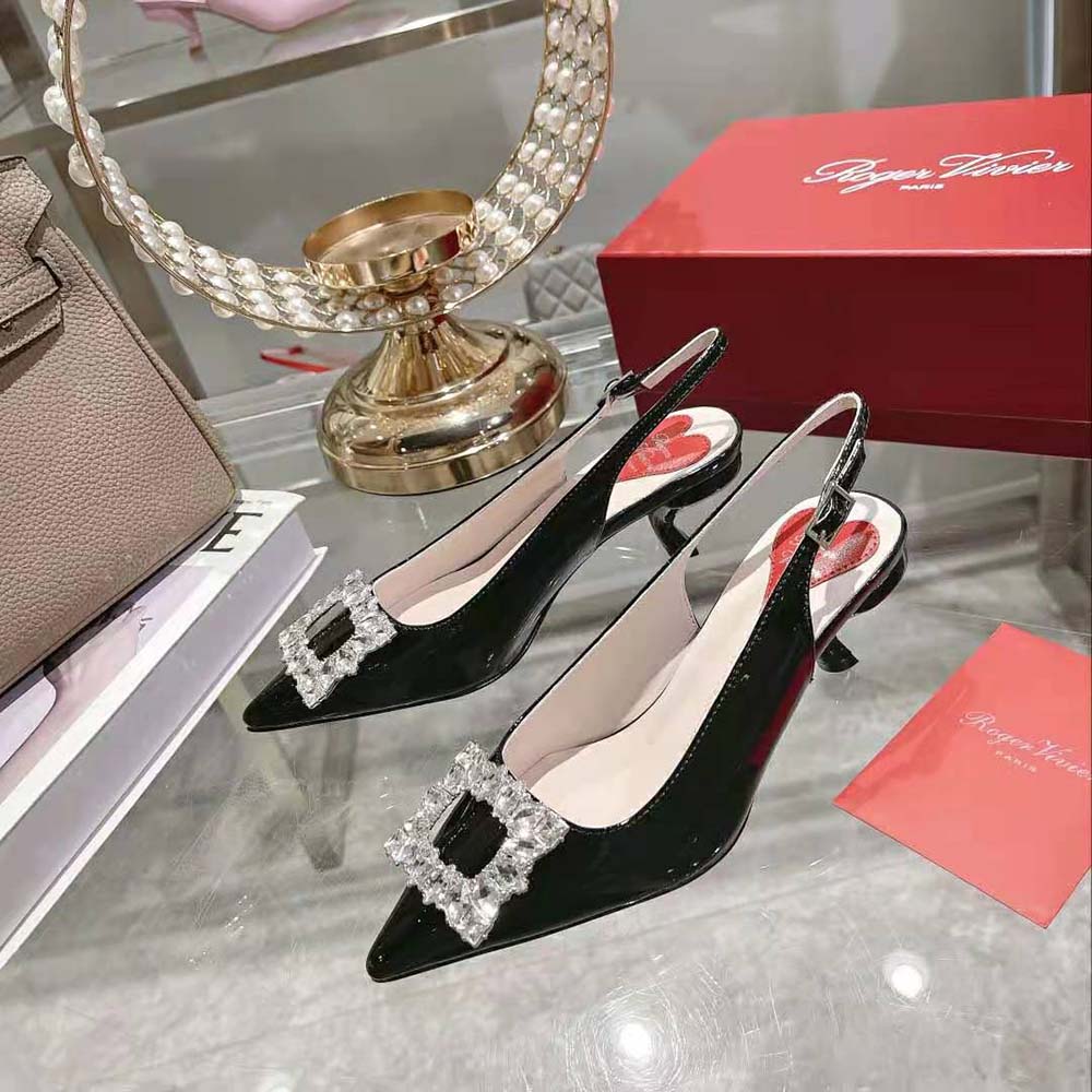 Close-up of sparkling strass buckle on Roger Vivier Virgule Slingback Pumps