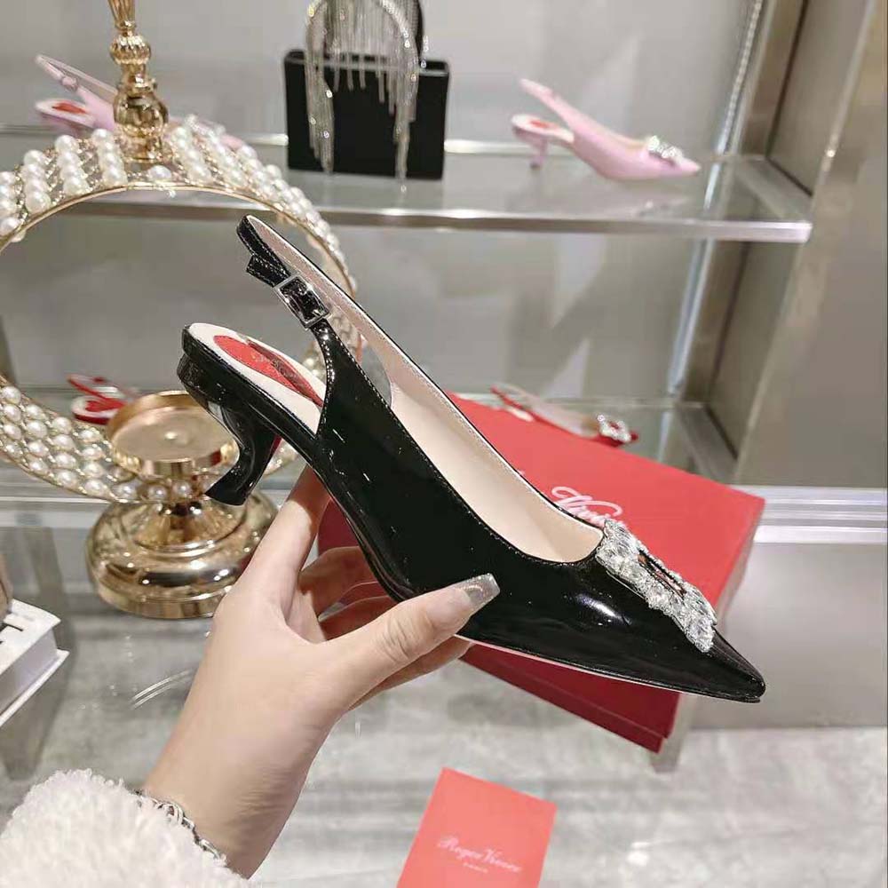 Roger Vivier Women Virgule Strass Buckle Slingback Pumps in Patent Leather-Black - image 7