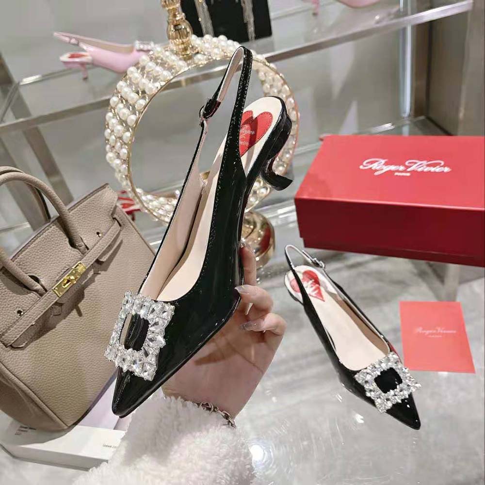 Roger Vivier Women Virgule Strass Buckle Slingback Pumps in Patent Leather-Black - image 5