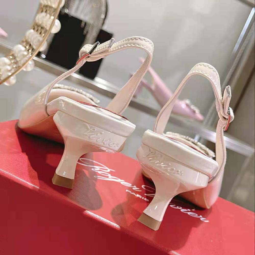 Roger Vivier Women Virgule Strass Buckle Slingback Pumps in Patent Leather-White - image 10