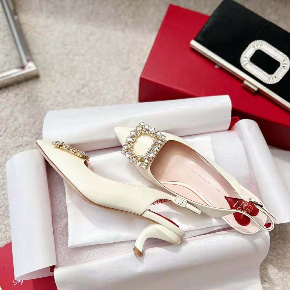 Roger Vivier Women Virgule Strass Buckle Slingback Pumps in Patent Leather-White - image 7