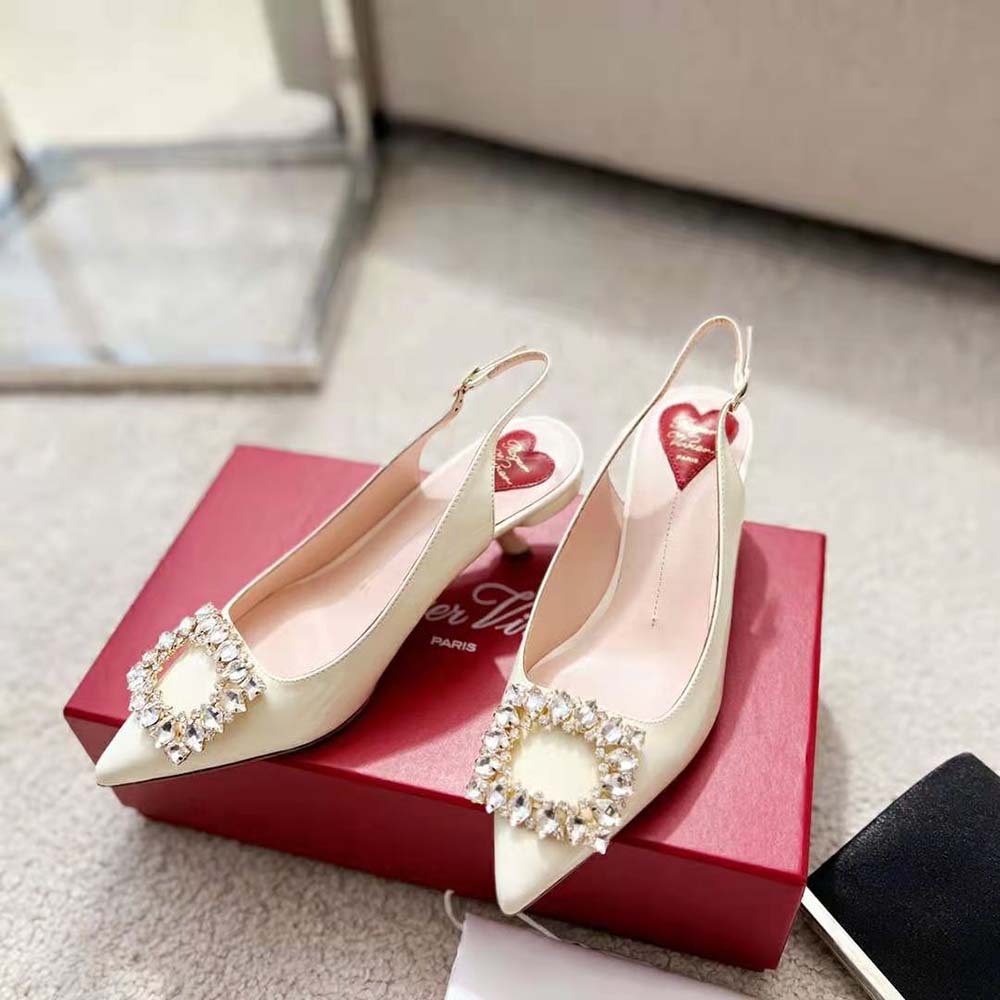 Rear angle showing adjustable slingback strap on Roger Vivier Virgule pumps