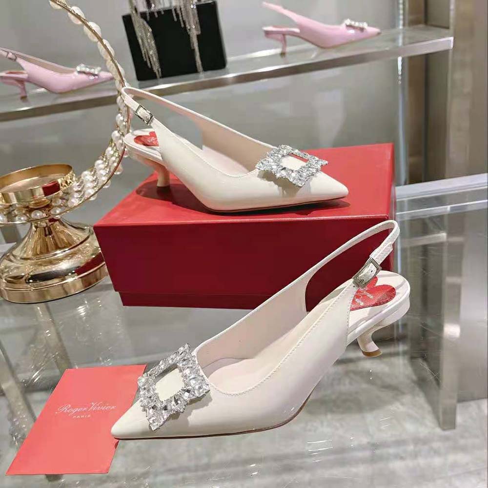 Roger Vivier Women Virgule Strass Buckle Slingback Pumps in Patent Leather-White - image 6